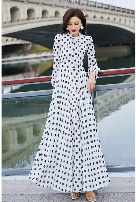 여성 하이넥 쉬폰 긴팔 원피스 플라워 프린트 쉬폰 롱 드레스 패션 여자 a라인 롱 원피스 LT