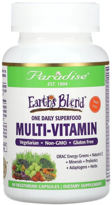 파라다이스허브 Earths Blend 원 데일리 슈퍼푸드 종합비타민 철분 함유 베지 캡슐 60정, 1개 - 쿠팡