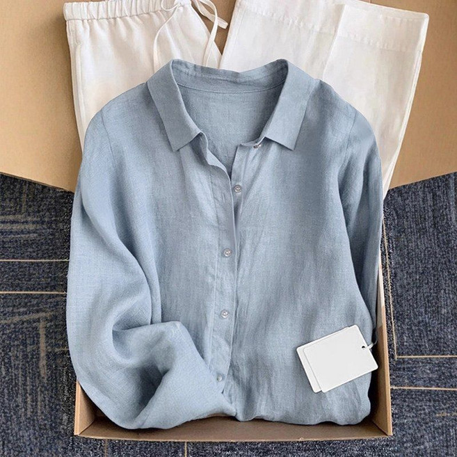 Seofst 여성 프렌치 무드 코튼 린넨 셔츠 봄가을 루즈핏 통기성 좋은 긴팔 상의