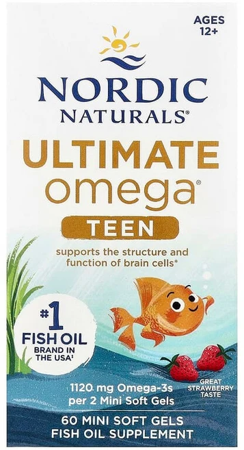 Nordic Naturals 틴 Ultimate Omega® 피쉬 오일 12세 이상 딸기 맛 미니 소프트젤 60정 Naturals (노르딕 내추럴스), 1개 - 쿠팡