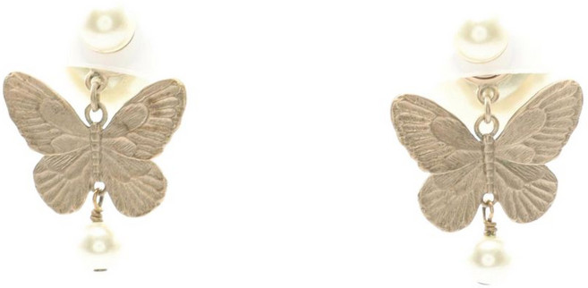 크리스찬 디올 중고 2010-2025 골드 도금 모조 펄 버터플라이 트라이벌 드롭 푸시백 코스튬 이어링