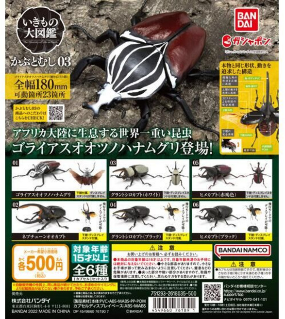 일본 반다이 생물대도감 장수풍뎅이 03탄 가동 피규어 6종 풀콤프 골리앗꽃무지, 1세트