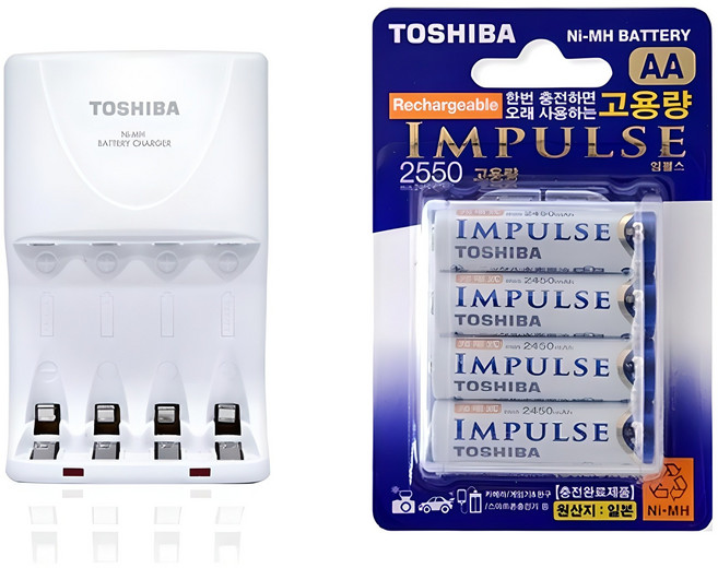 도시바 건전지 충전기 TNHC-VKR + 임펄스 고용량 AA 충전지 4p, 1세트
