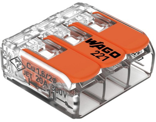 WAGO 221系列導線連接器 3線 6mm² 免工具快速接線 透明外殼安全可靠, 5個, 221-613