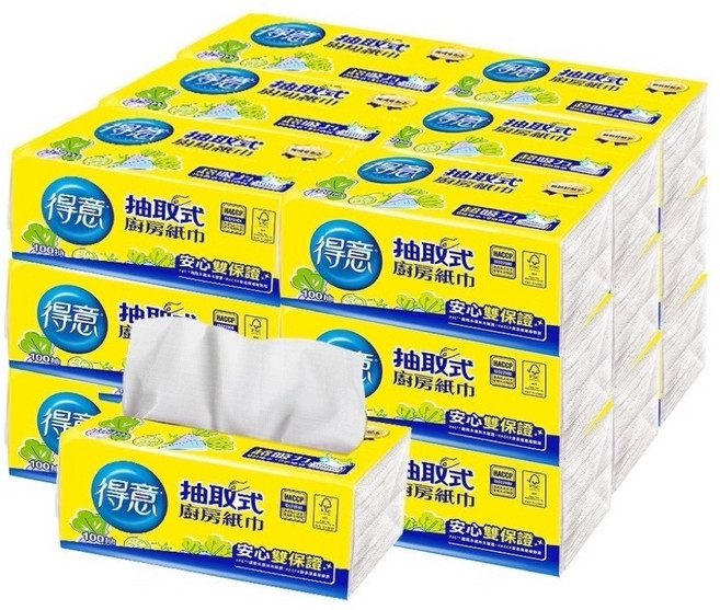 得意 抽取式廚房紙巾 100抽, 1個, 得意抽取式廚房紙巾(一箱20包)