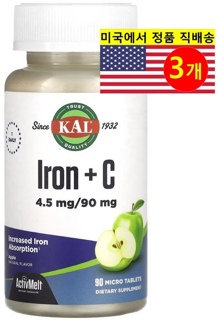KAL 철분 플러스 C 애플 90 마이크로 정, 90정, 3개 - 쿠팡