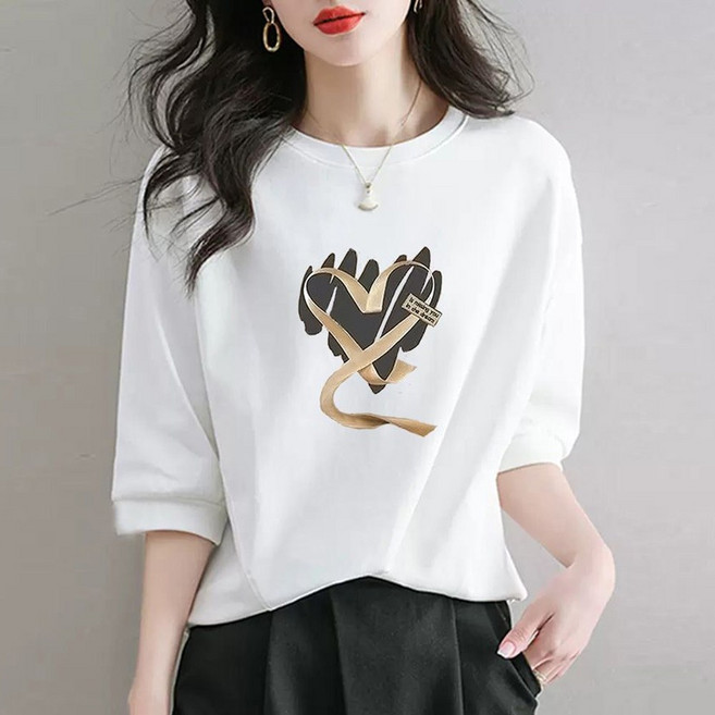 로르카 여성 순면 하트 프린트 루즈핏 캐주얼 데일리 칠부소매 편안한 티셔츠 V01031428