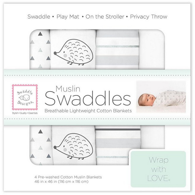 SwaddleDesigns 면 모슬린 포대기 담요 4개 세트 남아 및 여아용 속싸개 최고의 샤워 선물 116.8 x 116.8cm(46 46인치) 핑크 플로럴, Hedgehog