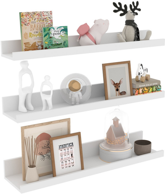 Olivet 벽걸이 수납 선반 원목 벽걸이형 다용도 수납 선반, 흰색, 3단