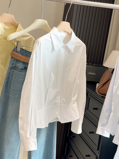 【收腰顯瘦】短款襯衫 通勤襯衫 翻領襯衫 長袖襯衫 女式襯衫 春季新款 氣質設計感 短款小衫 職場日常百搭