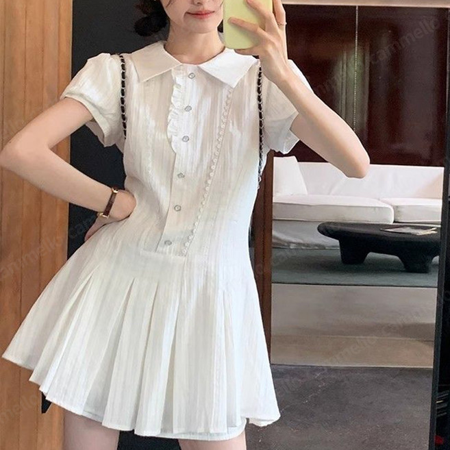 cammello 깔끔룩 플리츠 반팔 셔츠 미니 원피스 팬츠 세트 여름 미니 드레스