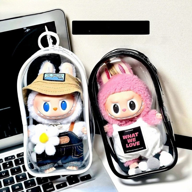 아젤시 라부부 인형보호 다용도 방수투명 보관 커버 케이스 가방고리, 블랙, 1개