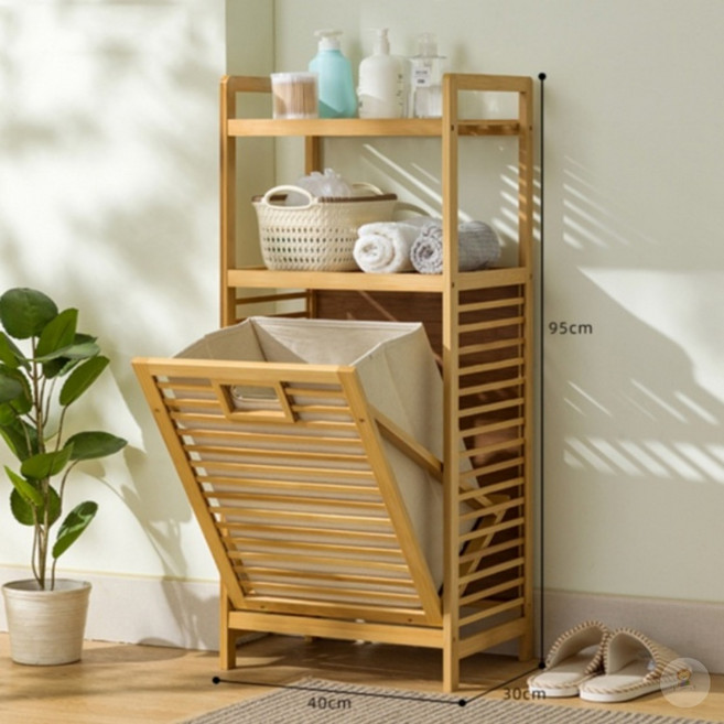 쿠리브 선반형 빨래바구니 대나무 햄퍼 수납장 베란다 수납선반, 원목색3301 40cm