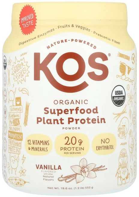 KOS 유기농 슈퍼푸드 식물성 단백질 분말 바닐라 555g (1.2 lb) KOS (코스), 544 g - 쿠팡