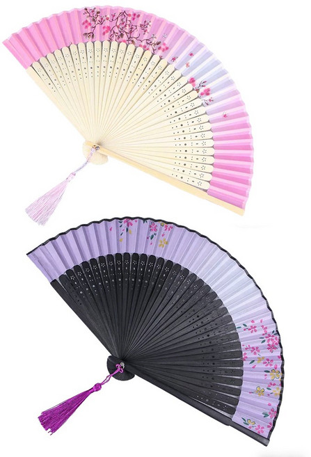 투데이리빙 2개 세트 휴대용 접이식 부채 고급 대나무 실크 한국 전통 무용 손부채 부모님 선물 외국인 기념품, 핑크+퍼플