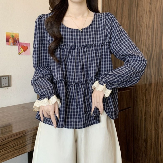 Makone 여성 라운드넥 프릴 체크 풀오버 셔츠 소매 레이스 패치워크 코디네이터 트랜드 데일리 큐티 블라우스