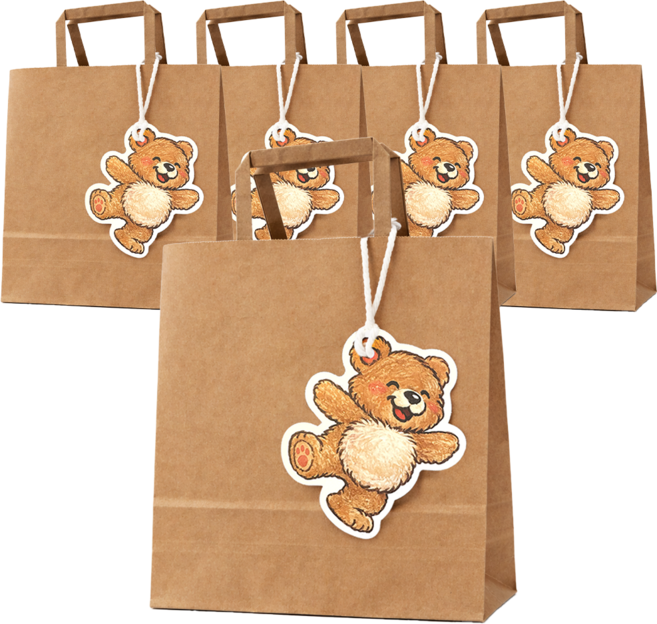 포포샵 키치 선물 종이 쇼핑백 + 행택5종 세트, 5개, 크라프트+해피베어