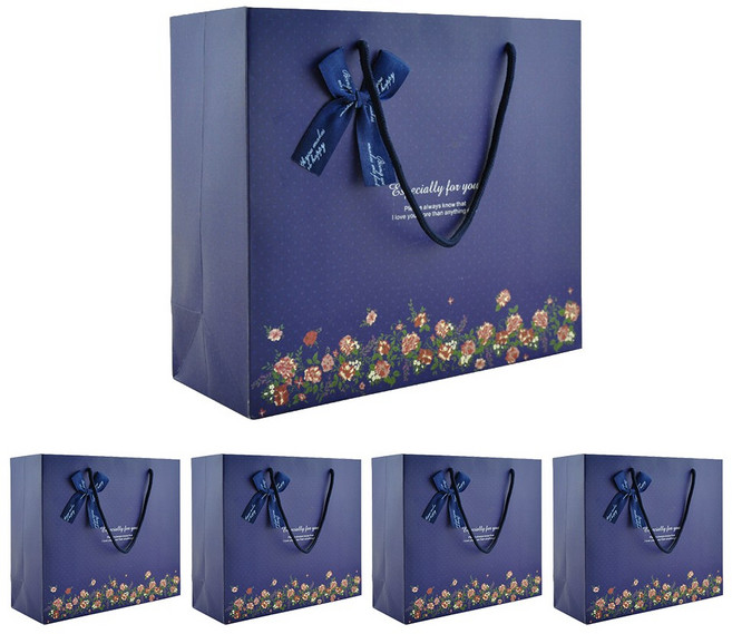 VITALO 네이비 플로럴 리본 선물 쇼핑백 답례품 고급 종이가방 5P, 5개