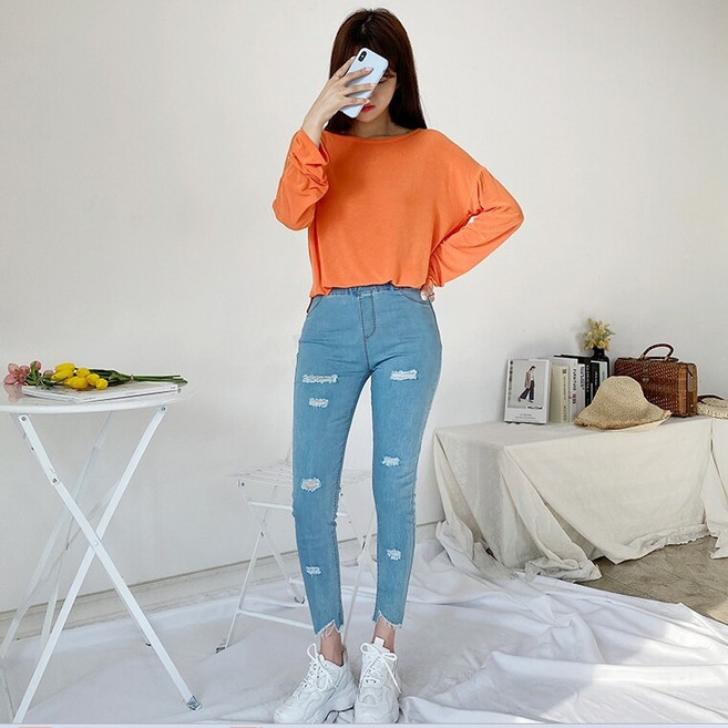 나오유 밴딩청바지 핫바디 찢청 스키니 데님 팬츠