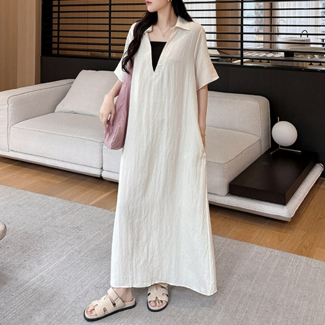 잇츠스타일 [L~3XL] 빅사이즈 루즈핏 쿨 배색 린넨 면 반팔 롱원피스