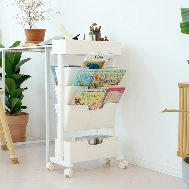 보노하우스 모던 슬림 북 트롤리, 화이트, 5단