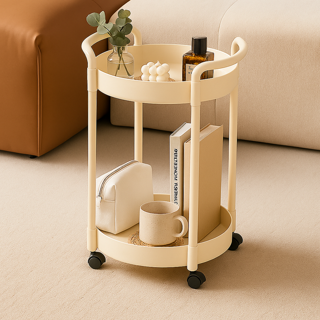 솜솜스퀘어 유럽풍 이동식 바퀴 2단 선반 트롤리, 크림