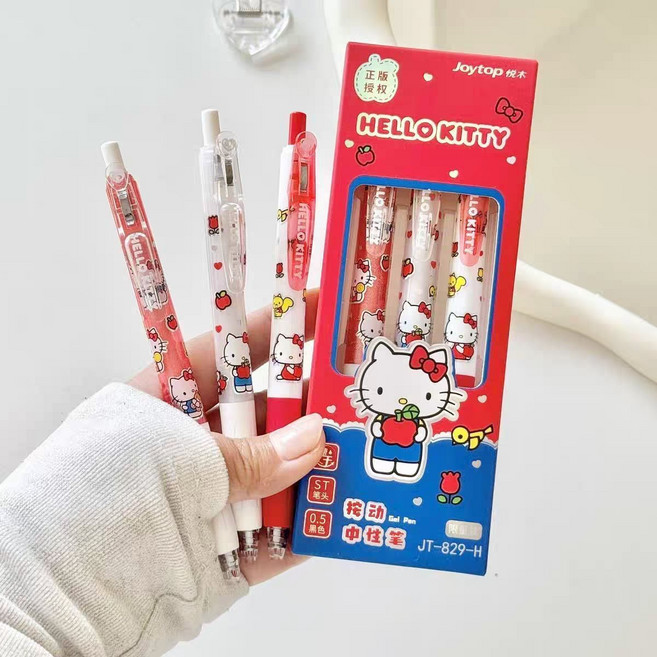 산리오 정품 캐릭터 볼펜 3종 0.5mm 젤볼펜 세트 패키지, 1박스, 레드 키티