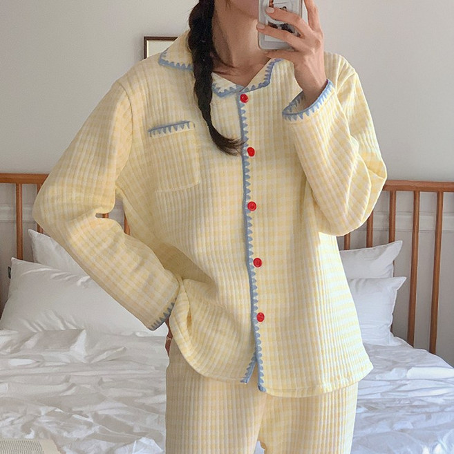 어나더뷰 2876 [2타입] 파이핑 패턴 누빔 파자마 상하세트 체크 딸기 스트라이프 긴팔 긴바지 카라 가을 겨울 홈웨어 잠옷