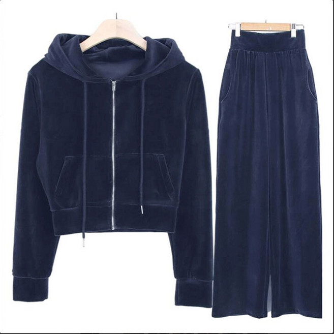 ORZQU 여자 가을 겨울 벨벳 후드 집업 세트 루즈핏 캐주얼 패션 여성 투피스