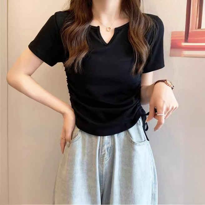 Ladyshare 韓版V領抽繩修身短袖t恤 女裝 顯瘦 素T 短板