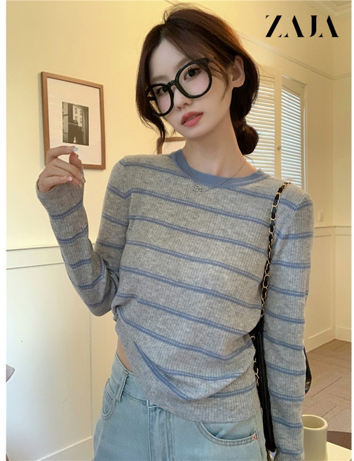 ZAJA 여성 스트라이프 긴팔 니트 티셔츠 봄 라운드넥 기본템 데일리룩