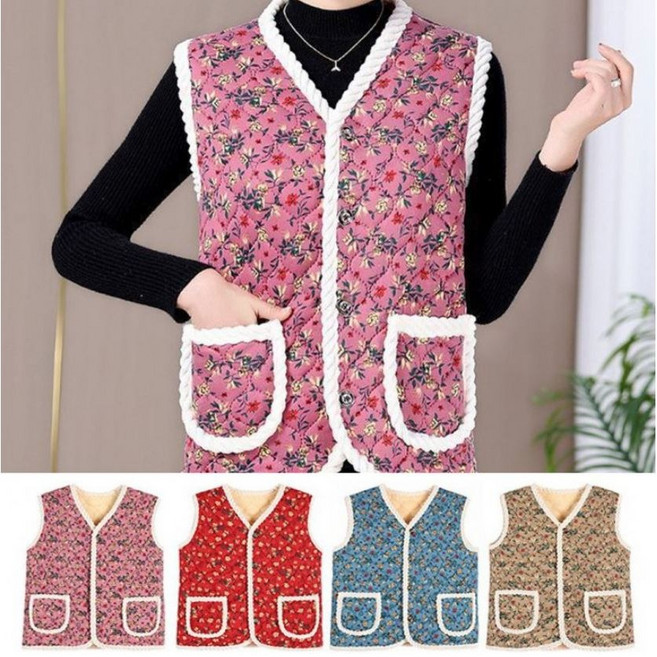[1+1] 레트로 플라워 꽃무늬 방한 퀼팅 양털 누빔 보온 엄마 할머니 조끼