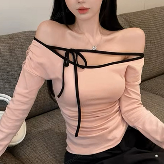 cammello 여리핏 초커 블랙 스트링 슬림핏 티셔츠 봄가을 여성 긴팔티