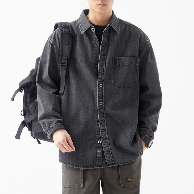 녕동 남성 데님 셔츠 자켓 캐주얼 워싱 봄가을 카라넥 원포켓 루즈핏 셔츠