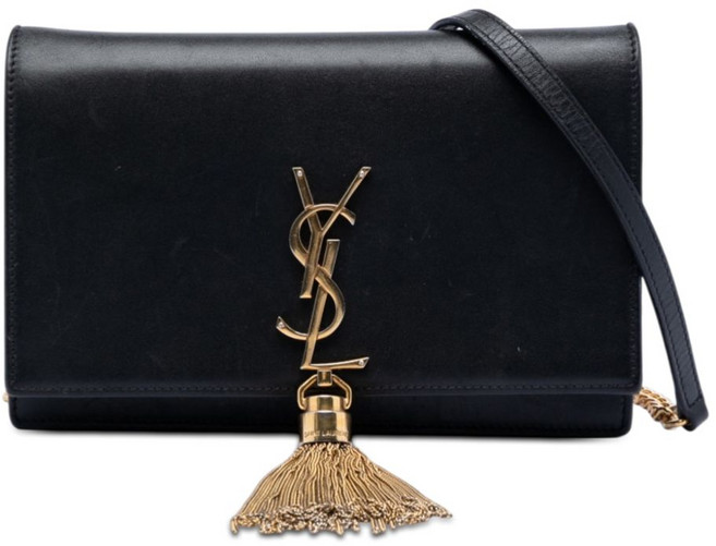 생 로랑 중고 2017 스무스 카프스킨 모노그램 케이트 태슬 체인 지갑 크로스 백