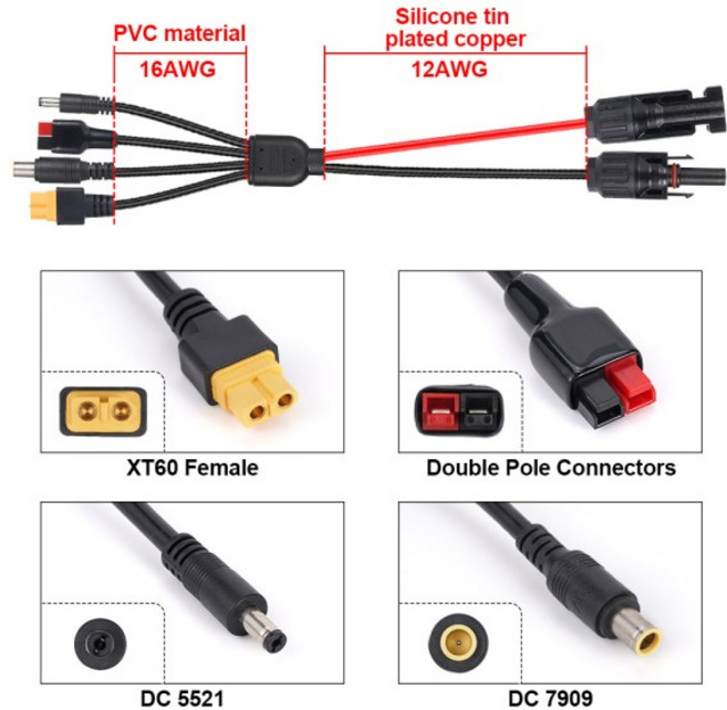 4-in-1 태양 전지 패널 커넥터 연장선 XT60 암 Conn-DC5521 7909 케이블 분배기 커넥터 DC 어댑터 전원 플, 1개