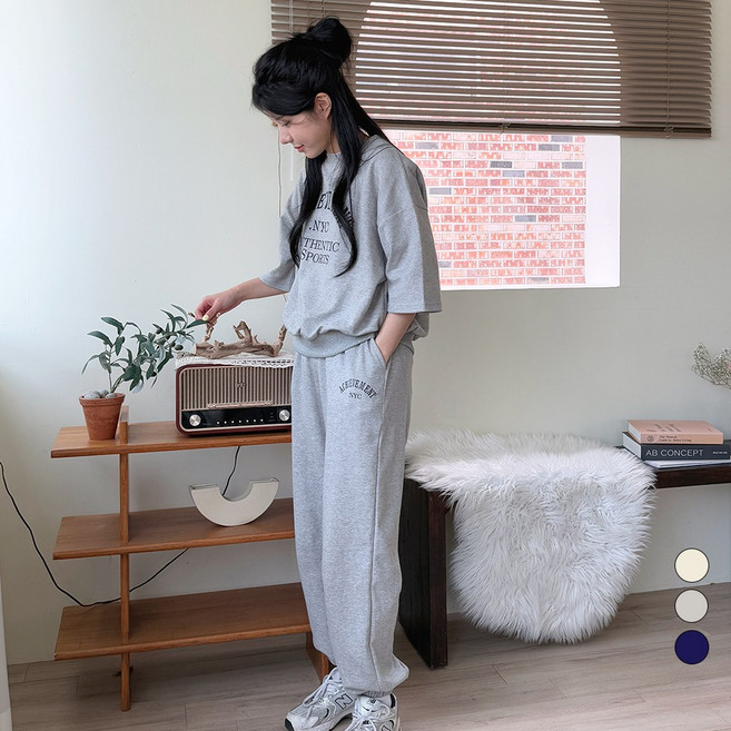 디테일웨어 여성 레터링 반팔 트레이닝세트 라운드넥 맨투맨 밴딩 조거팬츠 오버핏 여자츄리닝 키작녀 운동복