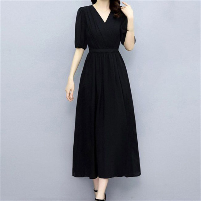 AOKADA 여성 여름 쉬폰 루즈핏 브리넥 벌룬 반팔 A라인 미디 원피스