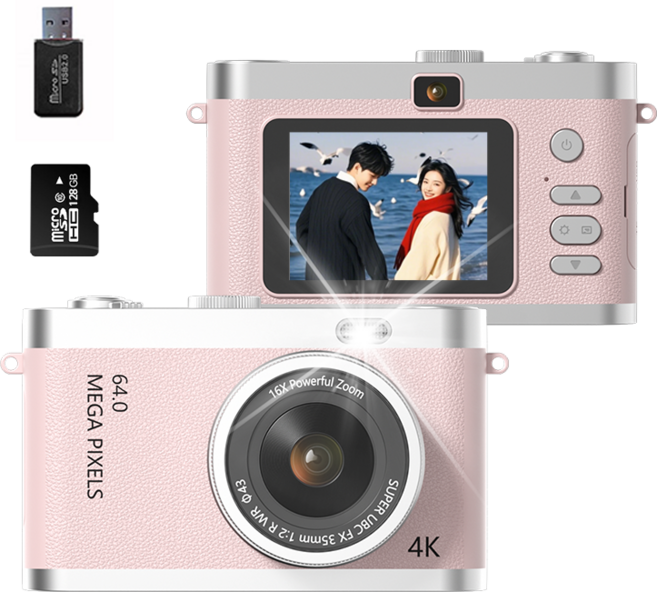 SMABAT 디지털 카메라 셀카렌즈 빈티지 Y2K 디지털 카메라 6400만 4k 화소 SD카드포함, 핑크