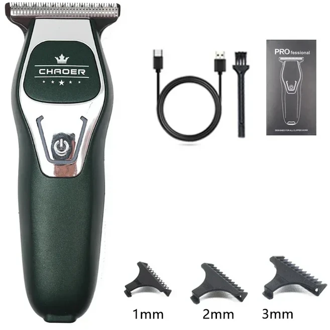 CHAOER A97 남성용 헤어 클리퍼 USB 충전식 무선 미니 트리머 0mm 면도 전문 헤어 커팅 머신, 06 Green1-3mm-Box