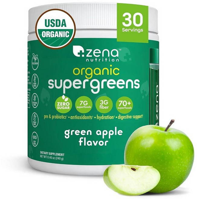 Zena Nutrition 유기농 슈퍼 그린 파우더 70+ 슈퍼푸드 설탕 0개 3G 섬유 스피루리나 클로렐라 항산화 물질 프리바이오틱스/프로바이오틱스 소화 효소 혼합 베리 30, 30 Servings (Pack of 1), 그린 애플, 1개, 240g