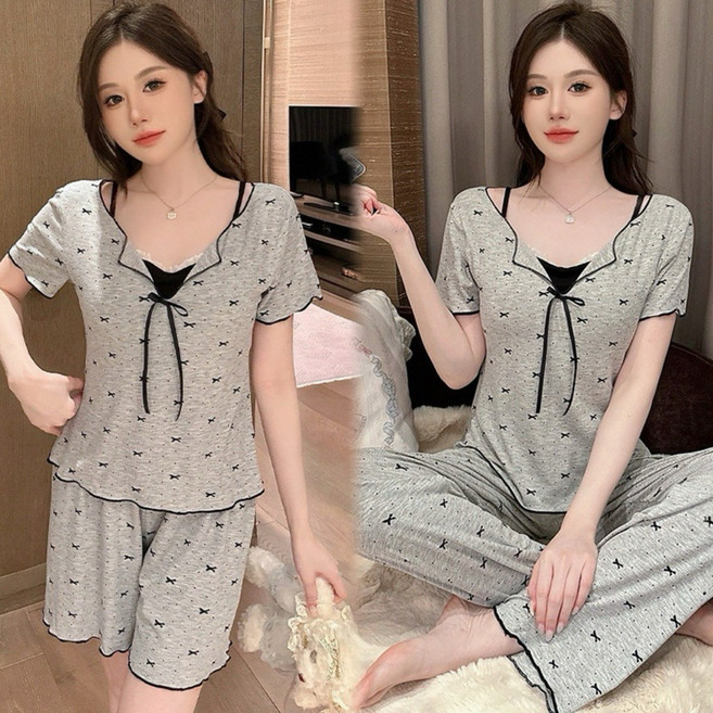 莫代爾蝴蝶結睡衣套裝，含長褲短褲居家服
