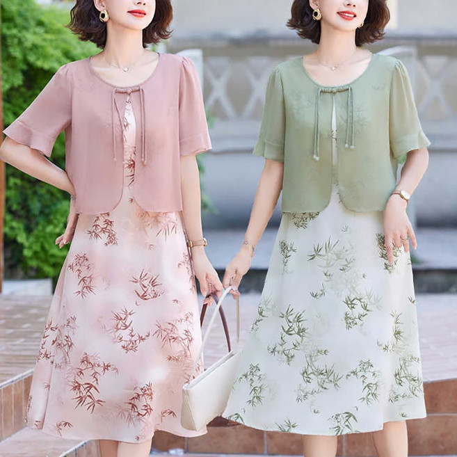 로르카 중년 여성 플라워 시스루 레이어드 미디 쉬폰 반팔 원피스 F01032224