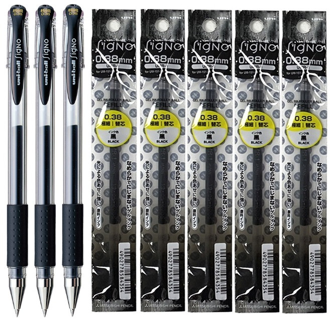 미쓰비시 유니볼 시그노 UM-151 0.38mm, 블랙 3개+리필 5개, 1세트