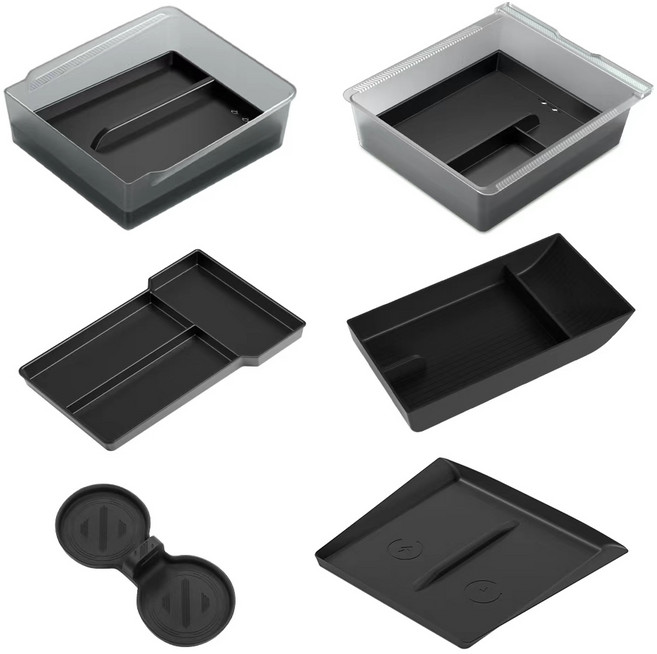 SUMK 테슬라 모델Y 주니퍼 모델3 하이랜드 적용 팔걸이 박스 및 센터 콘솔 수납 정리함 및 보관 트레이 실리콘 물컵 받침 무선 충전 패드 6in1 세트 악세사리, Model Y Juniper(2025-2026), 투명 검은색