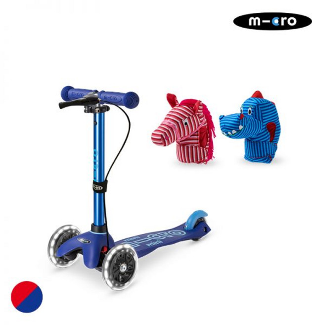 마이크로킥보드 미니 핸드 디럭스 LED + 스쿠터 인형 (말 공룡) 세트, 공룡, 블루
