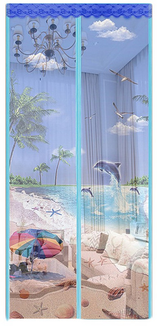 全磁扣靜音防蚊門簾 3D海底世界圖案, 海島風光