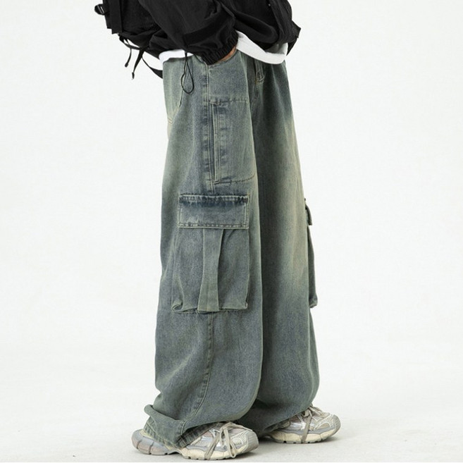 더슬림 남성 와이드카고청바지 밴딩타입 워싱 블루데님
