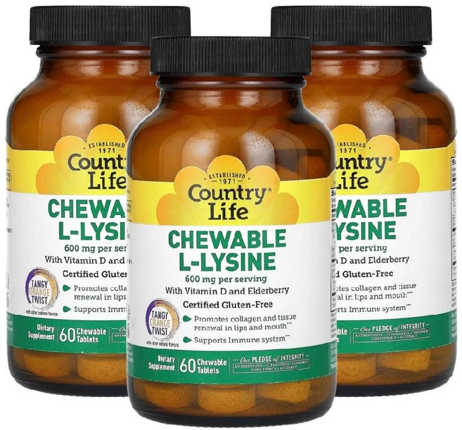 1+1+1 컨트리라이프 츄어블 L-라이신 비타민D 및 엘더베리 함유 60정 l라이신 - 쿠팡