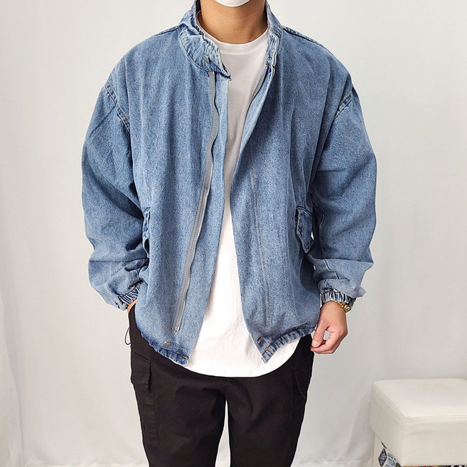 남자 오버핏 박시 밑단 스트링 중청 흑청 데님 워싱 청자켓 2컬러